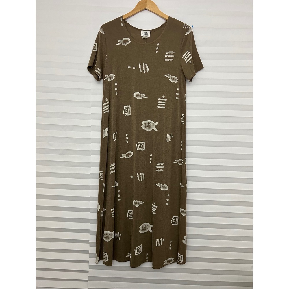 Jostar Vintage Brown Abstract Print Slinky Maxi Dress Womens L Short Sleeve USA